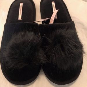 VS Black Pom Pom Slippers- Size L *NEVER WORN*